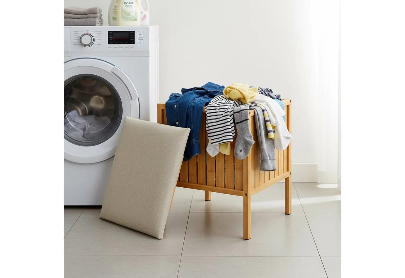 relaxdays Wäschekorb zum Sitzen Bambus Beige