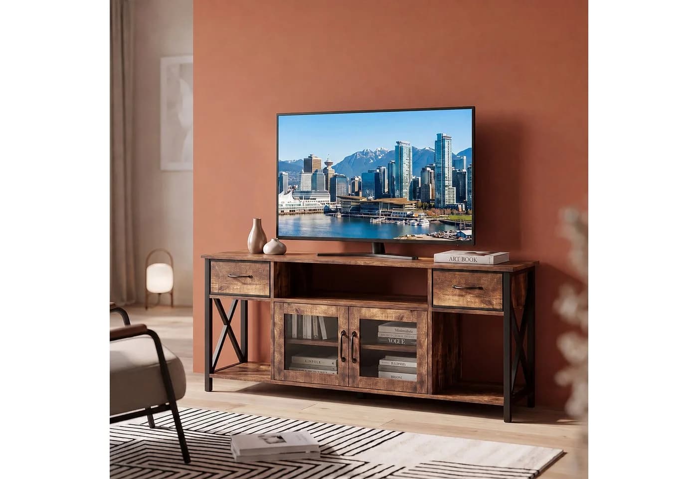 relaxdays TV-Bank Industrial Schwarz Braun mit Stauraum