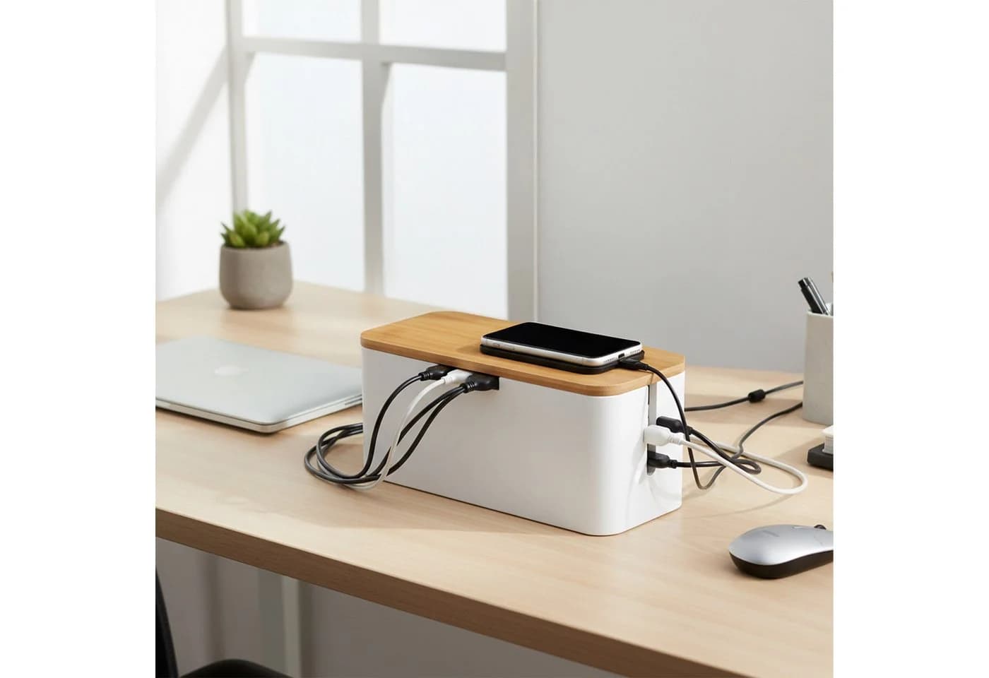 relaxdays Kabelbox aus Bambus, Natur-Weiß, 6-fach-Steckdosenleiste