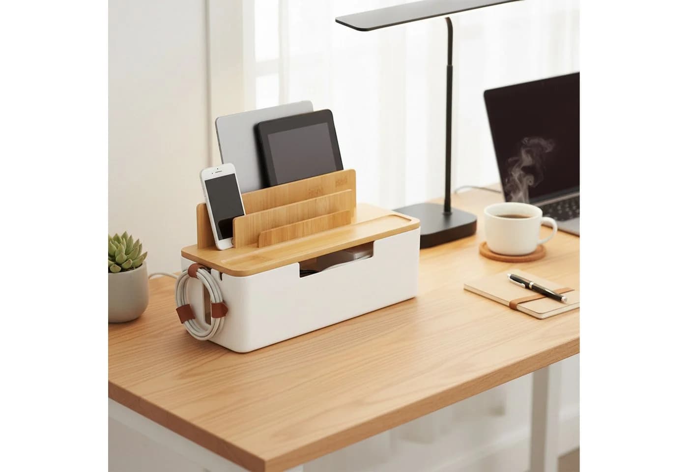relaxdays Kabelbox Bambus mit Halt, Natur-Weiß