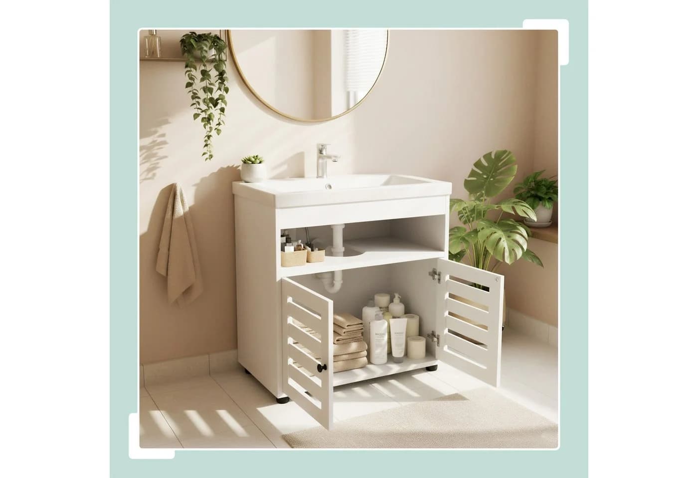 relaxdays Badunterschrank Weiß Lamellentüre