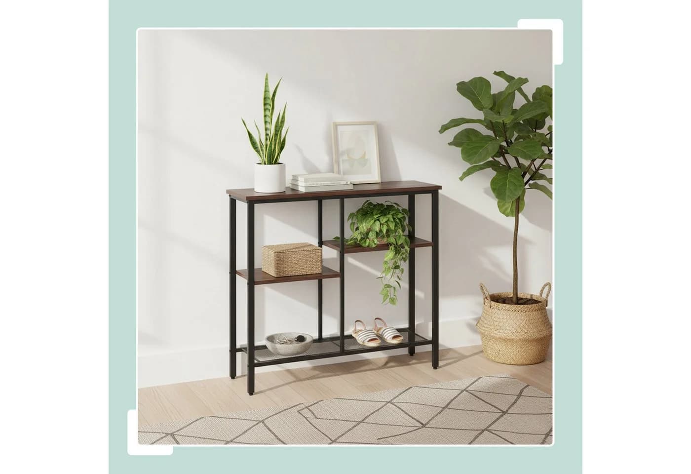 relaxdays Konsolentisch mit 4 Ablagen, Dunkelbraun, Industrial-Look