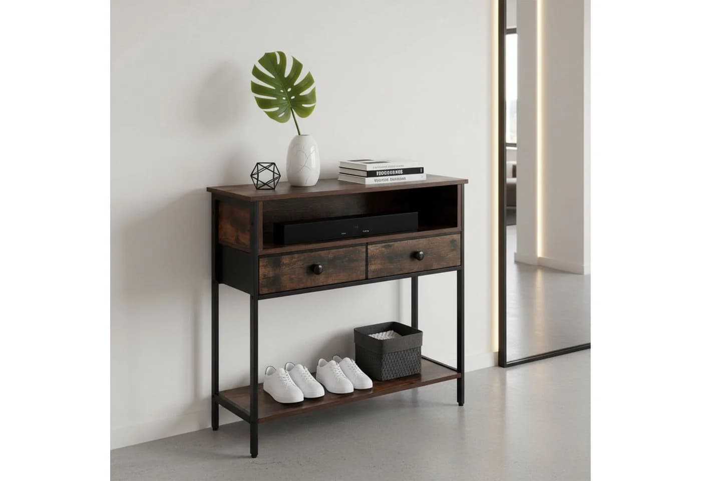 relaxdays Konsolentisch mit Schubladen, dunkelbraun, Industrial-Look