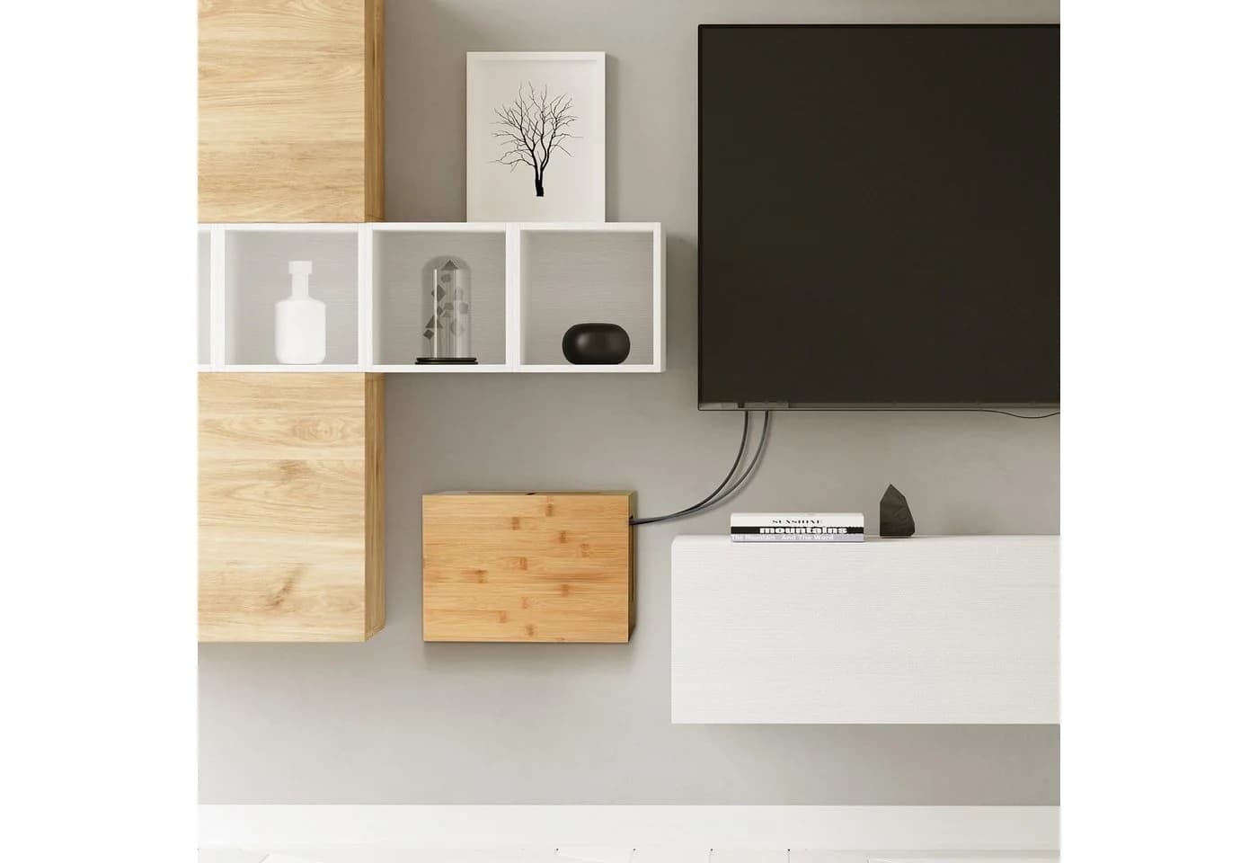 relaxdays Kabelbox Bambus mit Magnetdeckel, natur