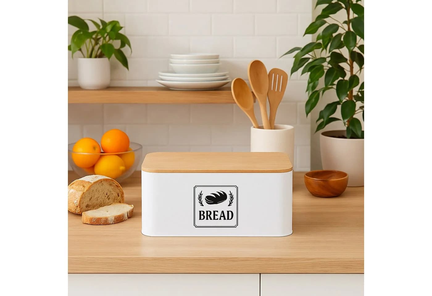 relaxdays Brotkasten mit Bambusdeckel Retro-Design Weiß