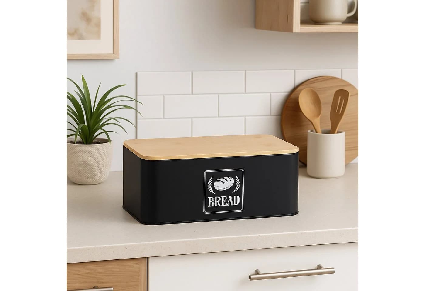 relaxdays Brotkasten Retro Schwarz mit Bambusdeckel