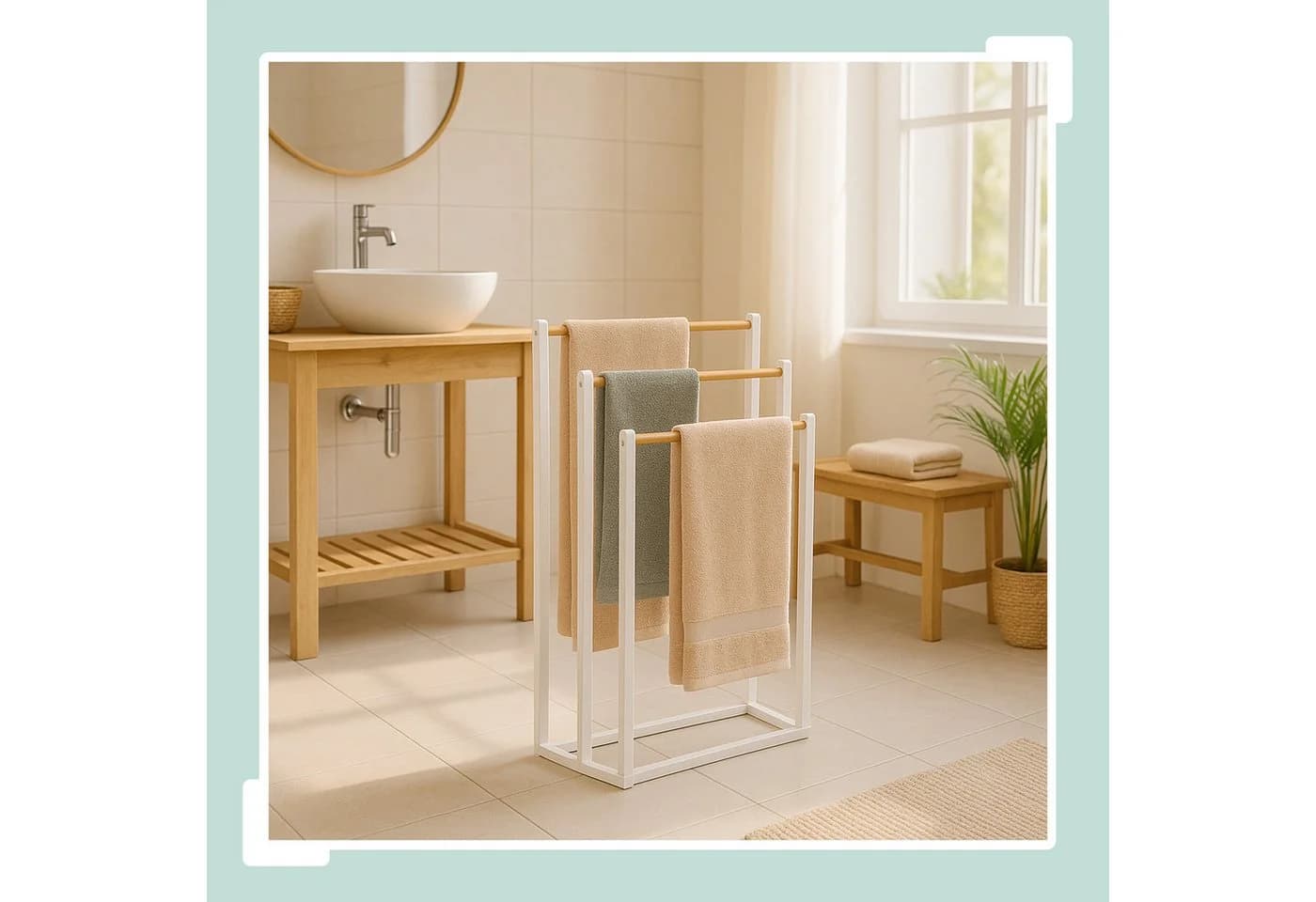 relaxdays Handtuchständer 3 Stangen Weiß Bambus Metall