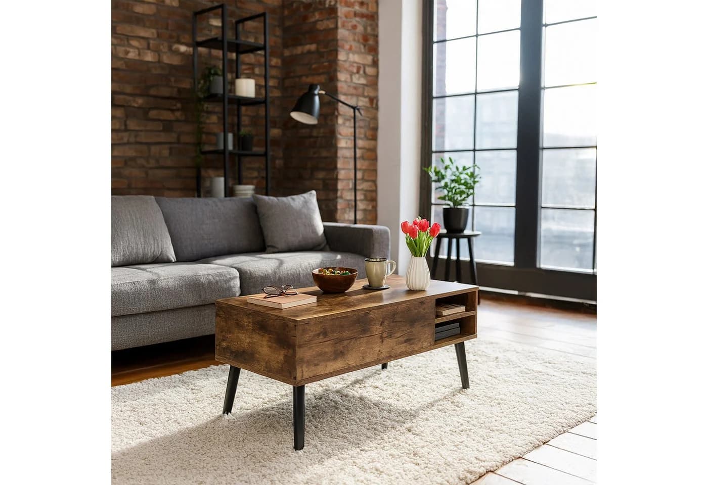 relaxdays Couchtisch mit Stauraum, Holzoptik, Industrial-Design