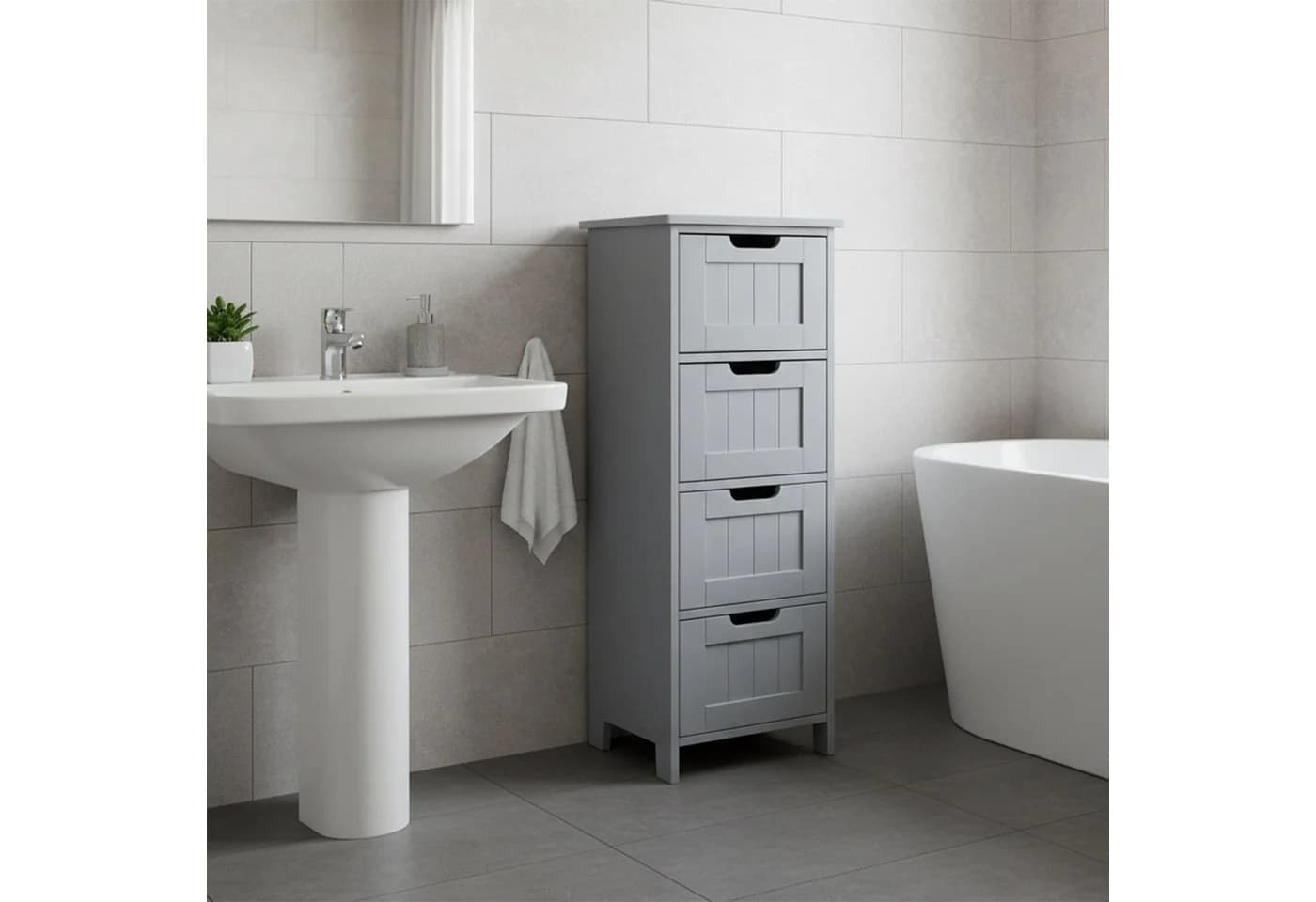 relaxdays Midischrank Badezimmerschrank 4 Schubladen grau