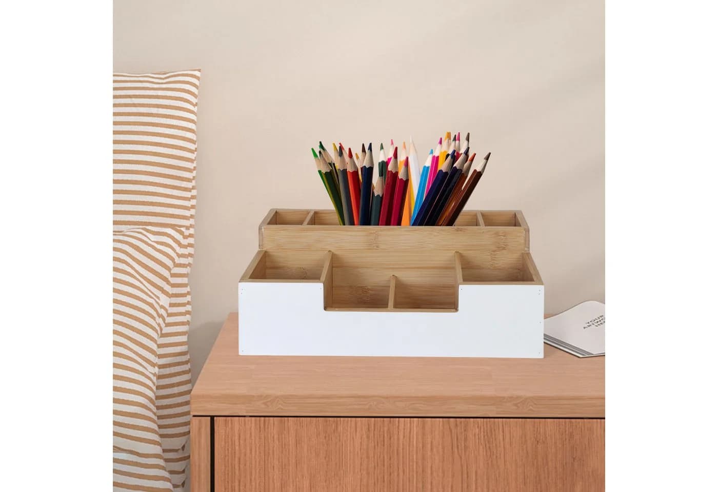 relaxdays Schreibtisch Organizer Bambus 7 Fächer Weiß