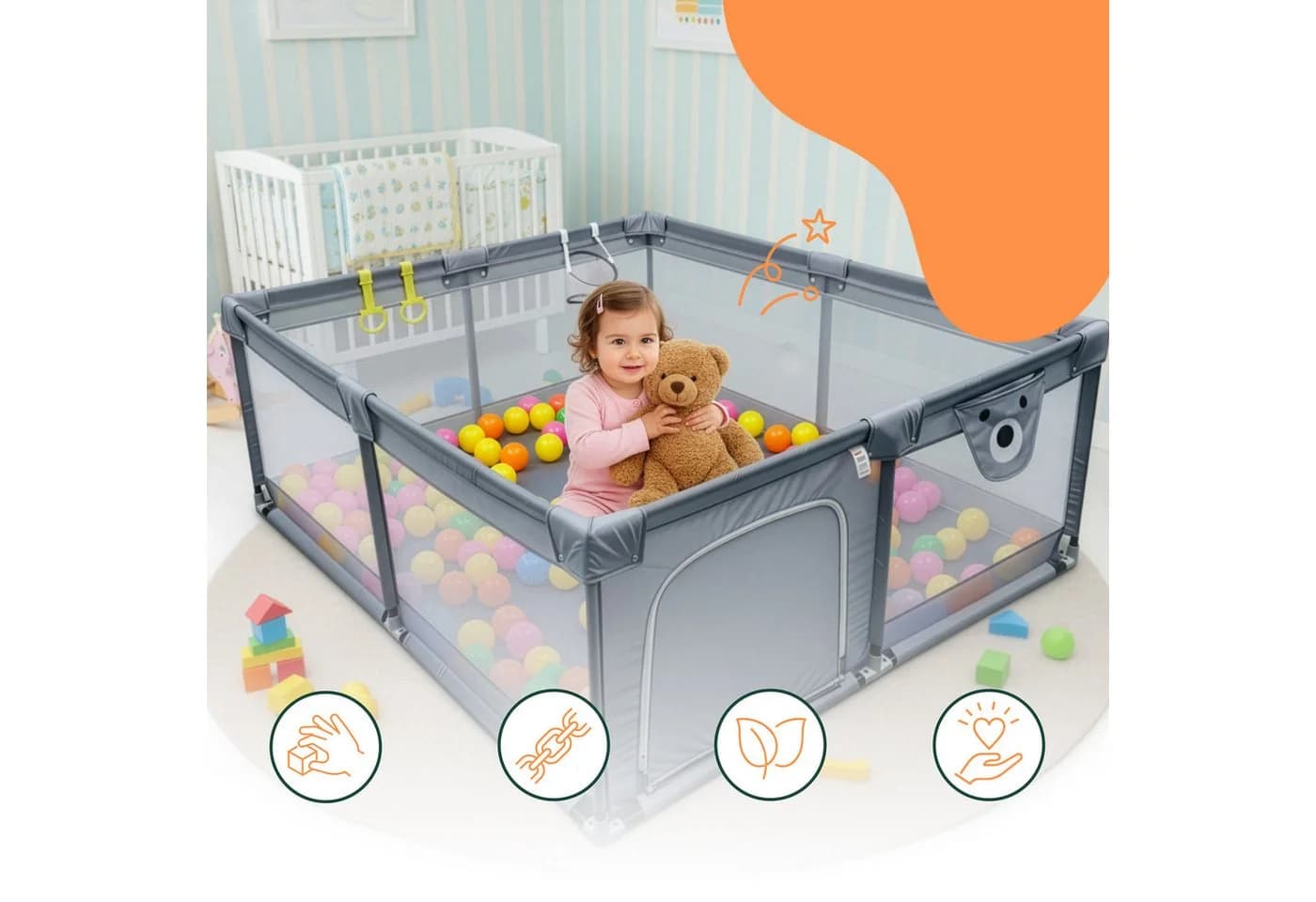 relaxdays Laufgitter Laufstall Baby mit 50 Bällen Grau