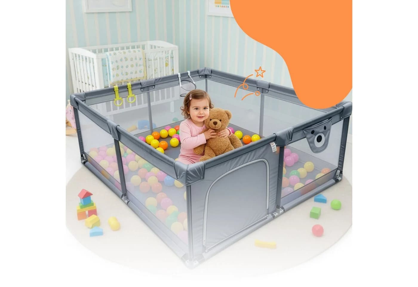 relaxdays Laufgitter Laufstall Baby mit 50 Bällen Grau