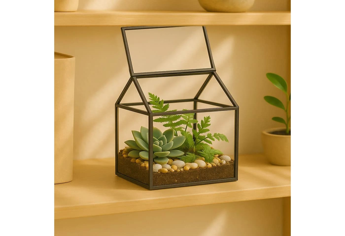relaxdays Gewächshaus Pflanzenterrarium aus Glas Hausform Schwarz