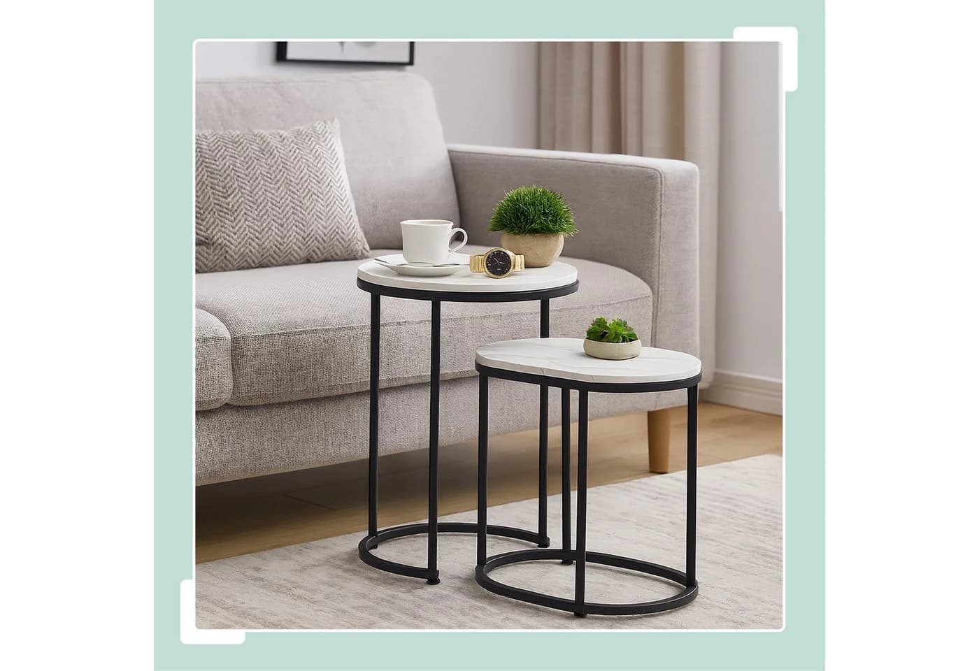 relaxdays Satztisch 2er Set Marmoroptik & Metall Weiß-Schwarz