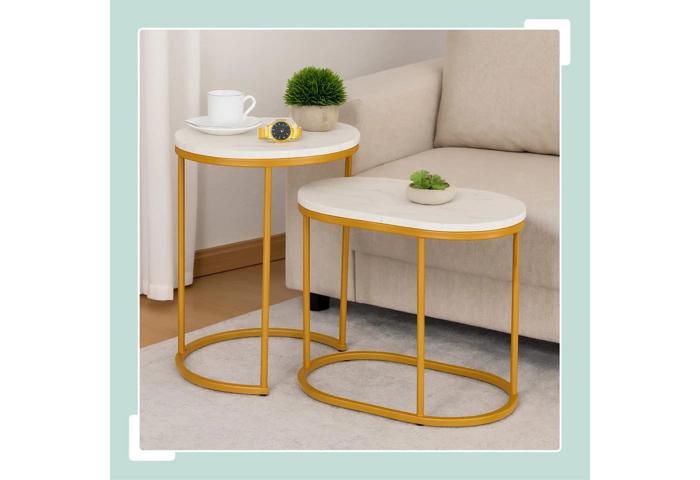 relaxdays Satztisch 2er Set Marmoroptik Metall Weiß/Gold