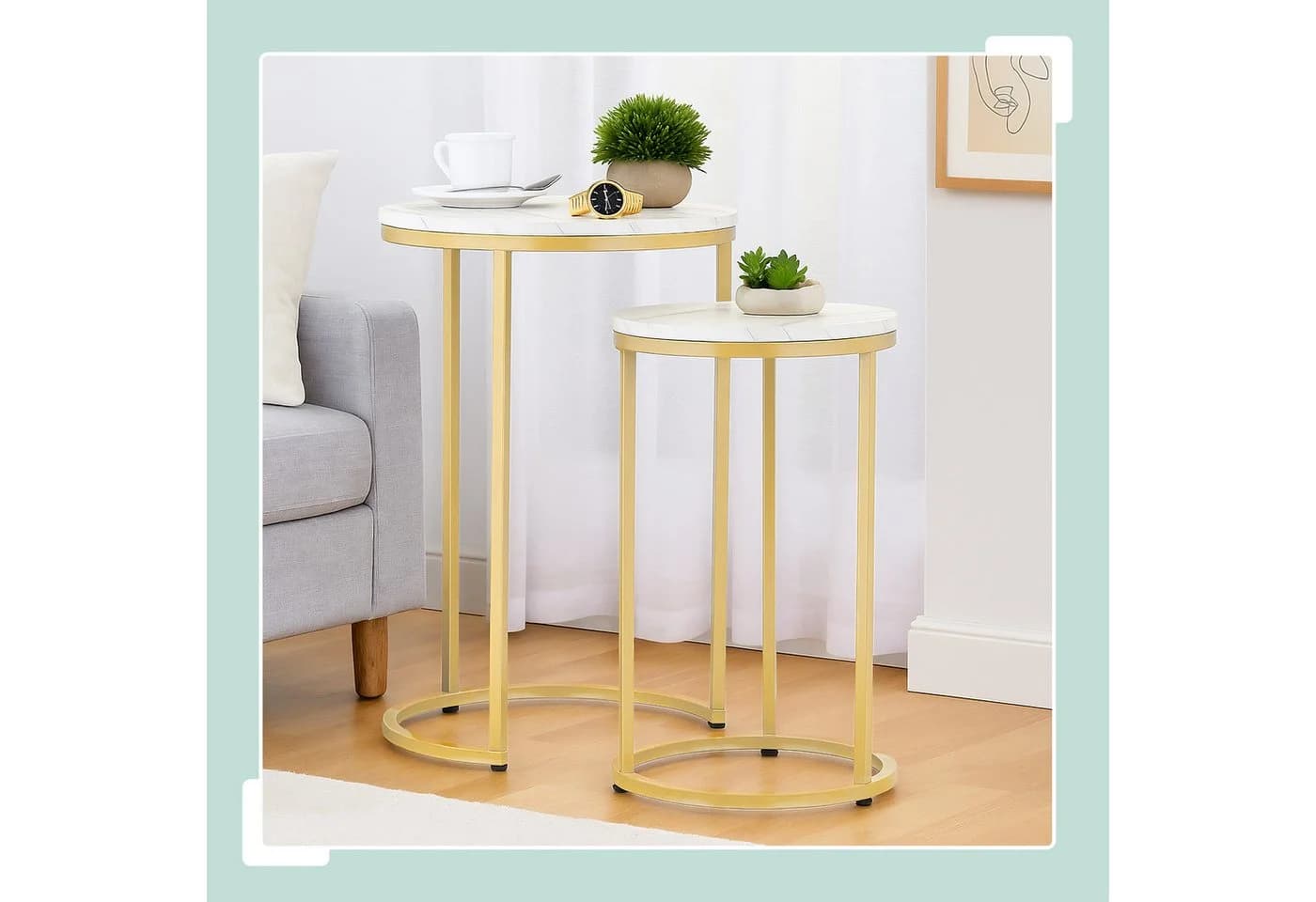 relaxdays Satztisch 2er Set Marmoroptik & Metall Weiß/Gold