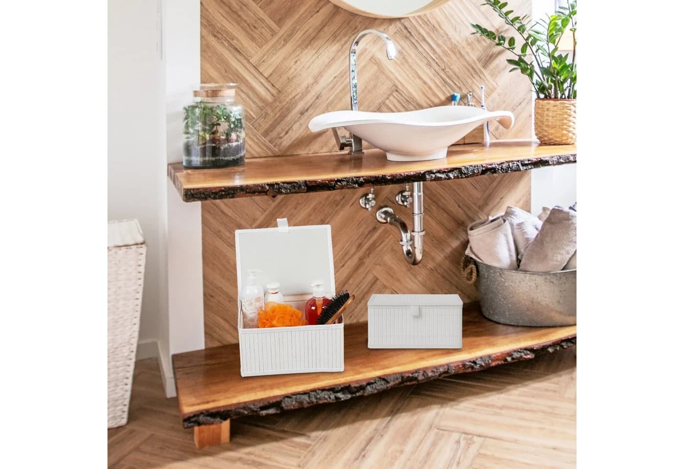 relaxdays Aufbewahrungskorb Bambus 2-tlg. Set Weiß