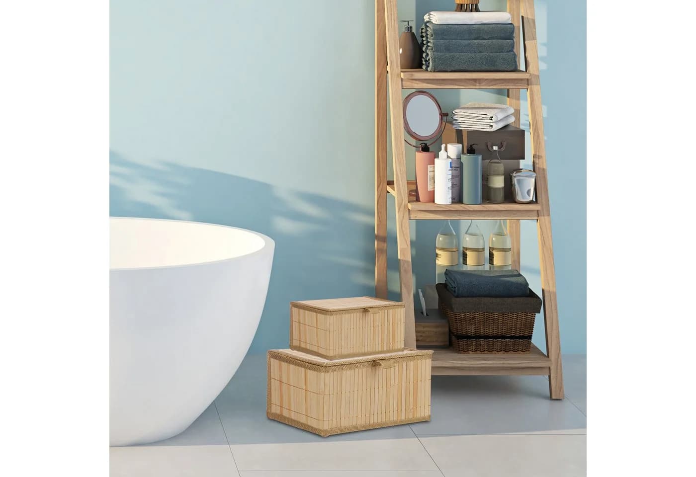 relaxdays Aufbewahrungskorb Bambus 2er Set mit Deckel Natur