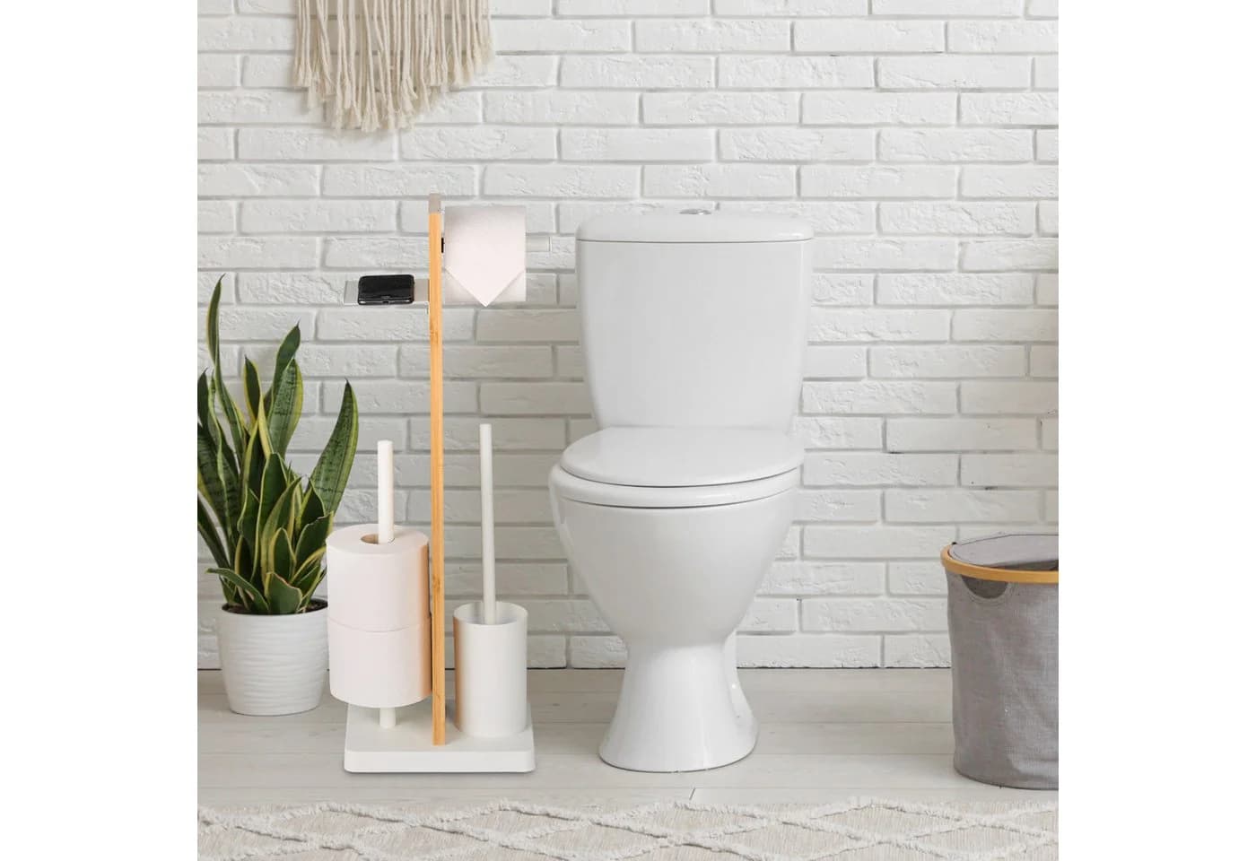 RELAXDAYS WC-Garnitur Bambus & Eisen mit Ablage, Weiß