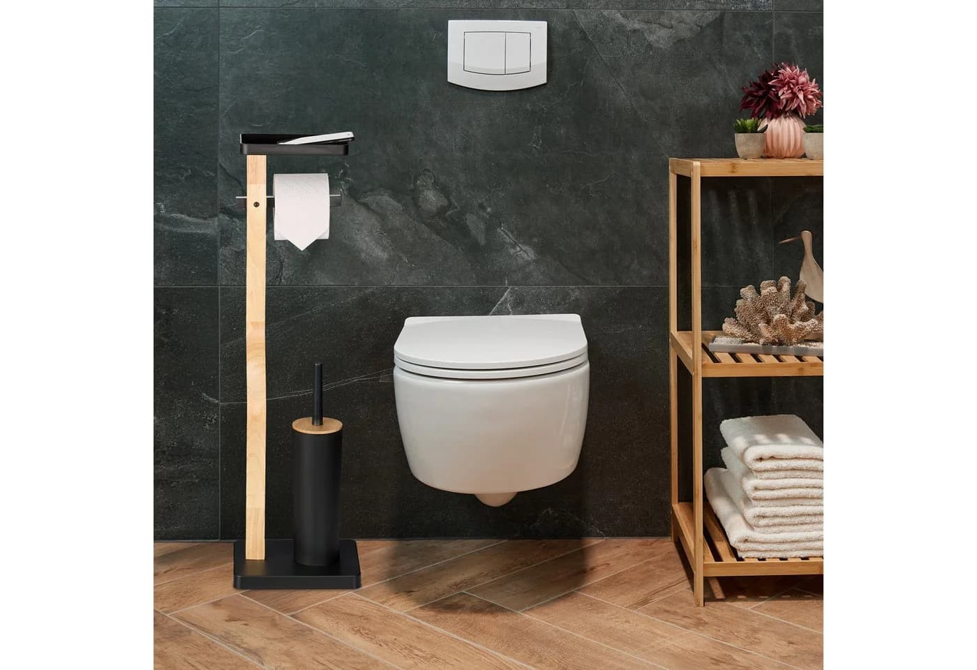 relaxdays WC-Garnitur Schwarz mit Ablage & Bambusdesign