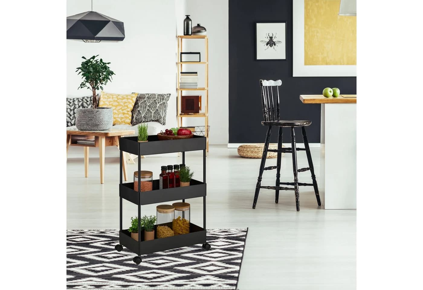 relaxdays Rollwagen 3 Ebenen Schwarz Kunststoff Edelstahl