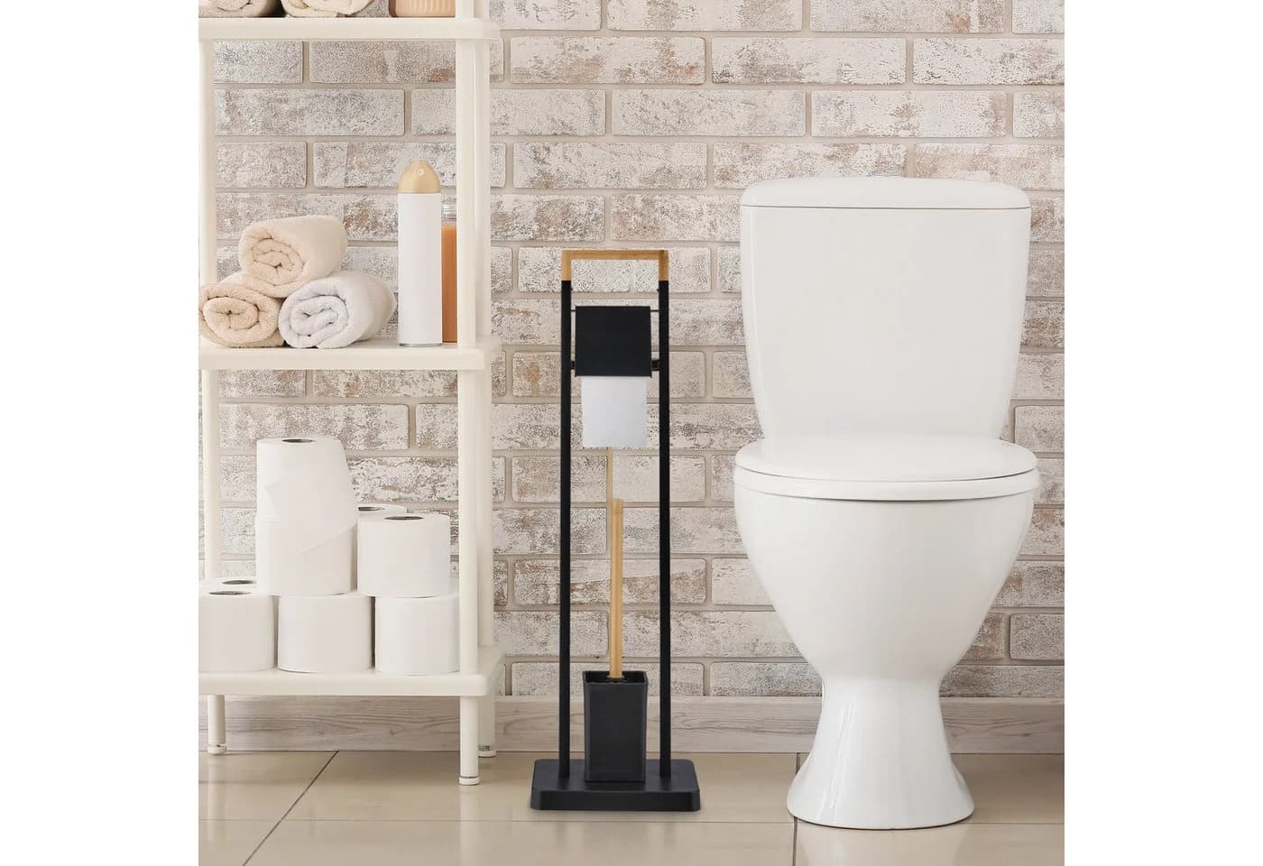 relaxdays WC-Garnitur Bambus & Edelstahl Schwarz Freistehend