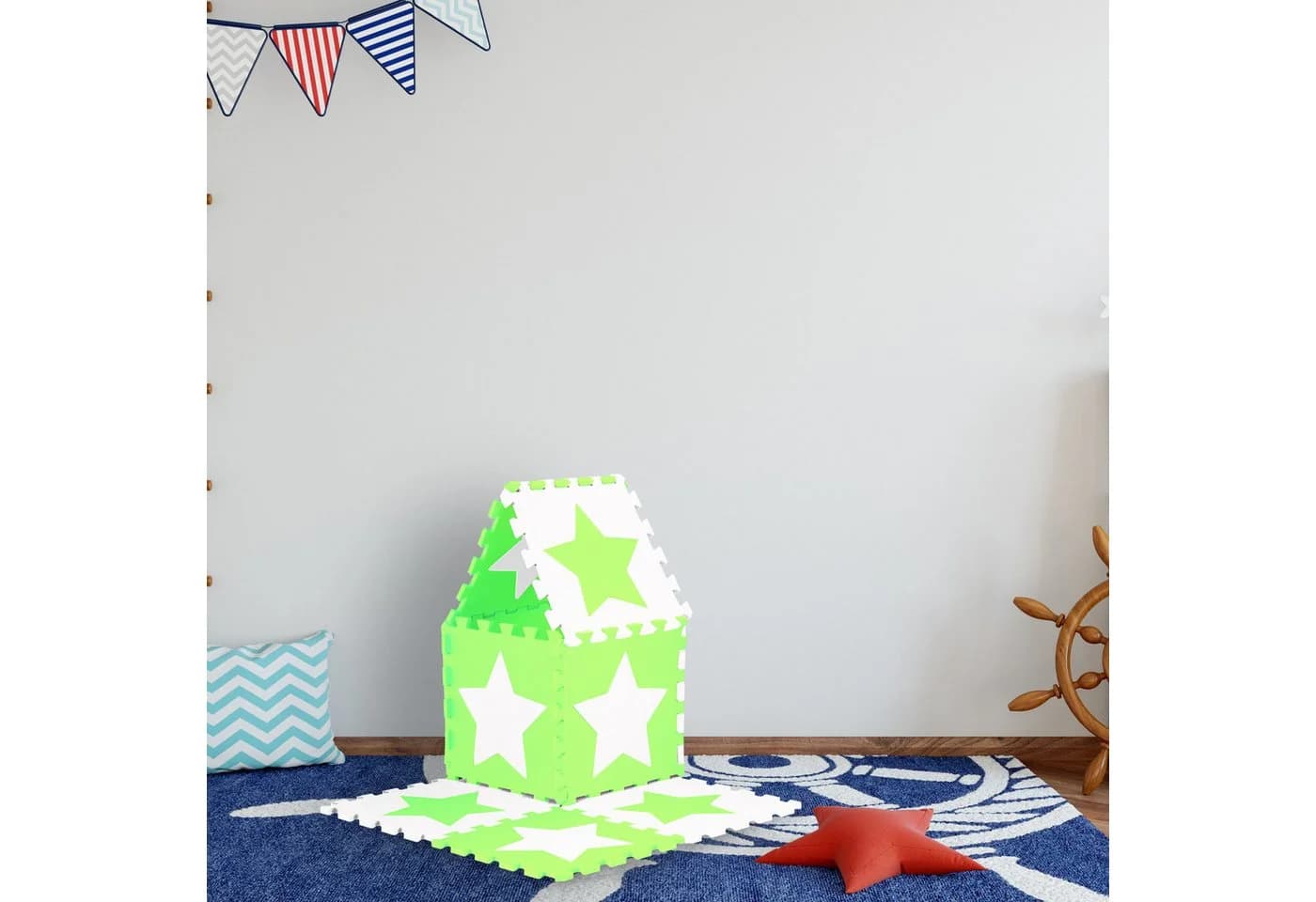 relaxdays Spielmatte Puzzlematte Sterne Weiß-Grün EVA Schaumstoff