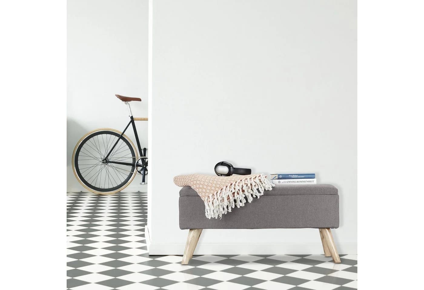 relaxdays Polsterbank mit Stauraum Hellgrau Leinen-Optik