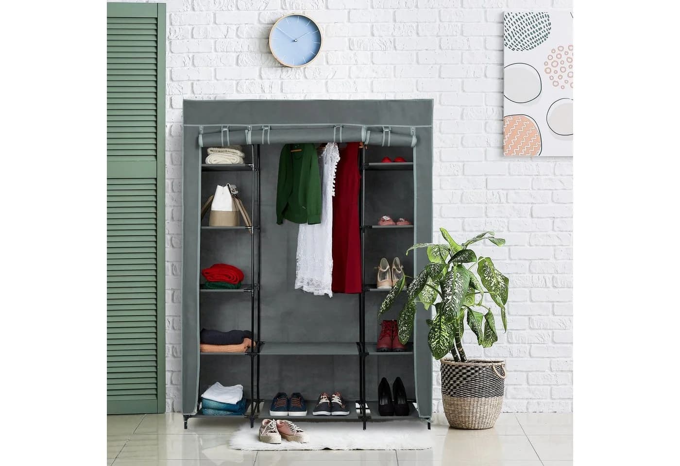 relaxdays Stoffschrank XXL Anthrazit mit 12 Ablagen und Kleiderstange