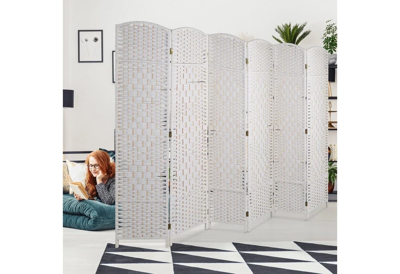 relaxdays Paravent Raumteiler 6-teilig Weiß Holz Papierseil