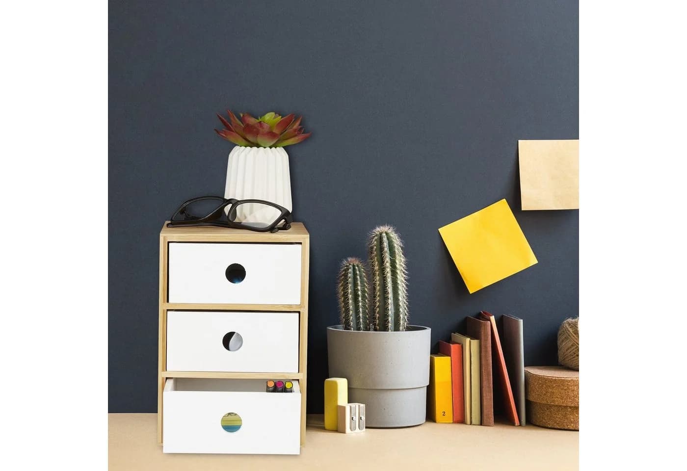 relaxdays Schreibtischaufsatz 3 Schubladen Weiß Bambus Organizer