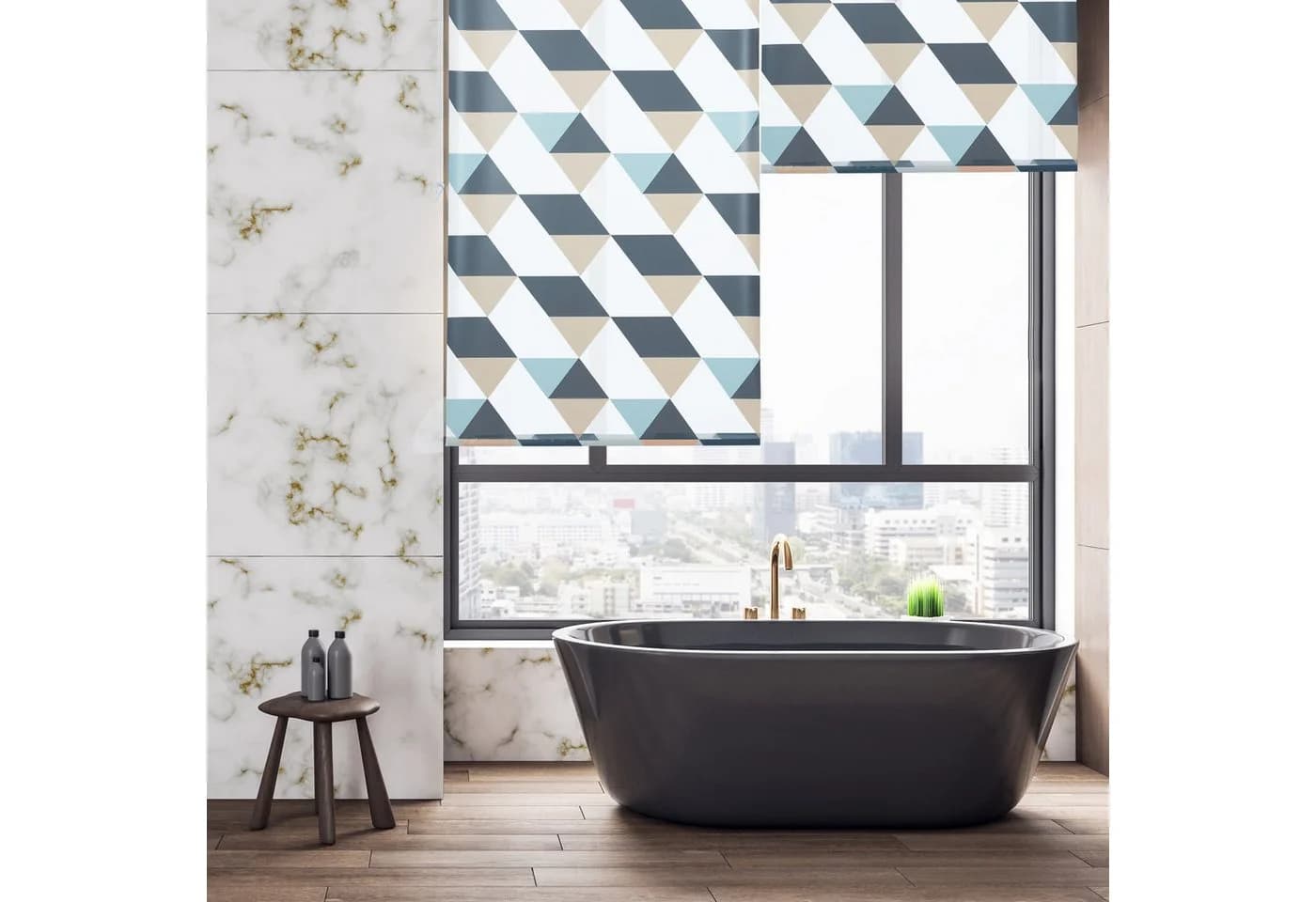 relaxdays Duschrollo Geometrisch Grau Blau Beige Modern