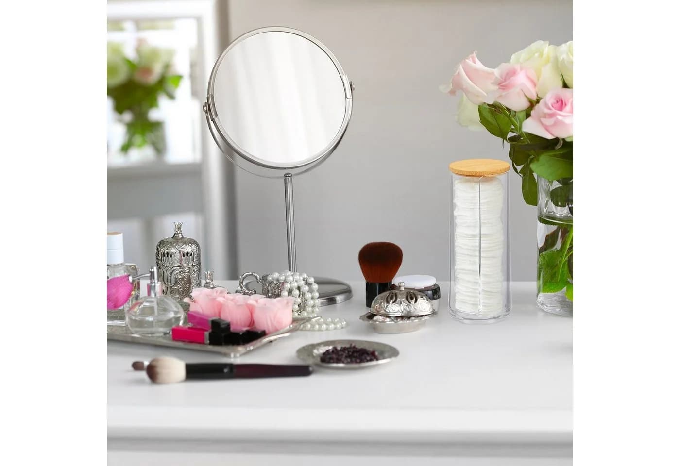 relaxdays Wattepadspender 2er Set Transparent/Braun Acryl Bambus