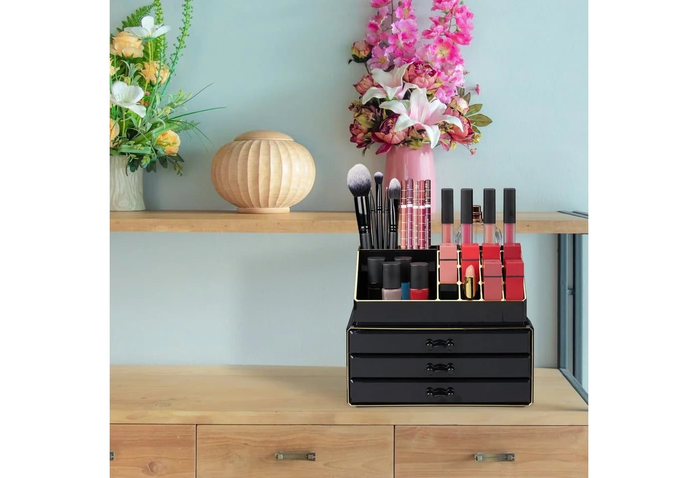 relaxdays Make-Up Organizer 3 Schubladen Schwarz-Gold