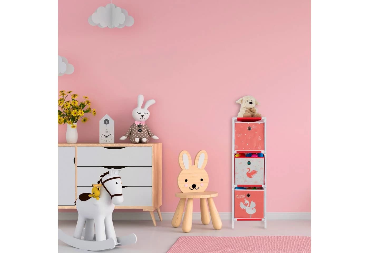 relaxdays Kinderregal Schwan mit Boxe, 3 Weiß-Rot