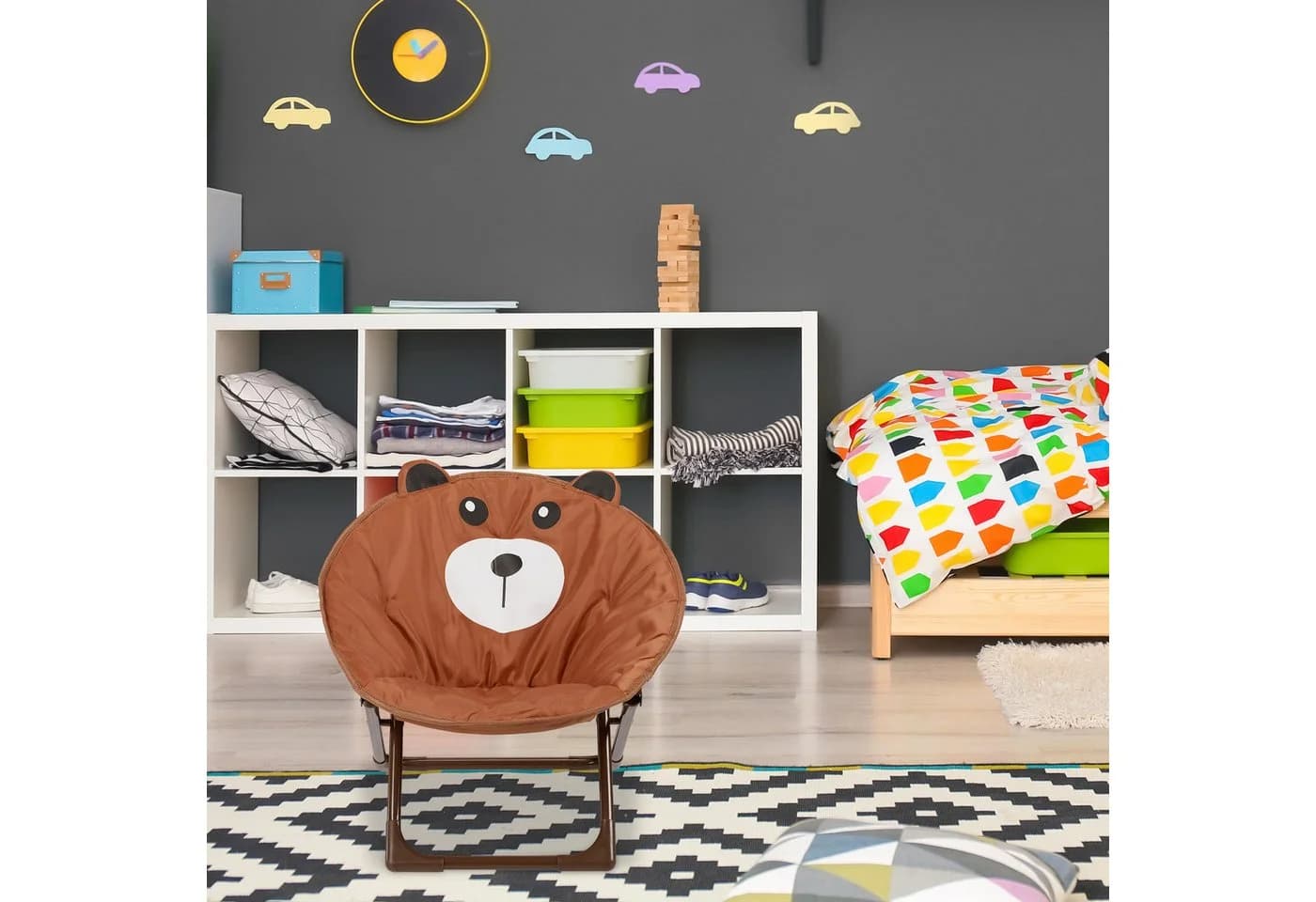 relaxdays Moonchair Kinderstuhl Faltbar Bär Braun/Weiß Schwarz