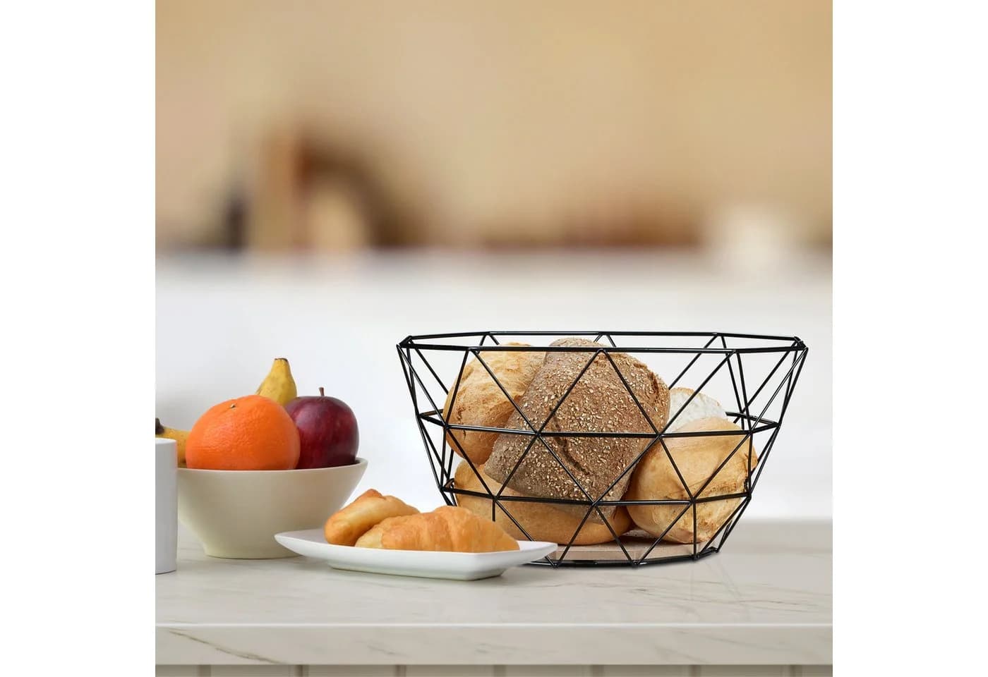 relaxdays Obstkorb Gitter Design Schwarz/Braun Eisen Holz