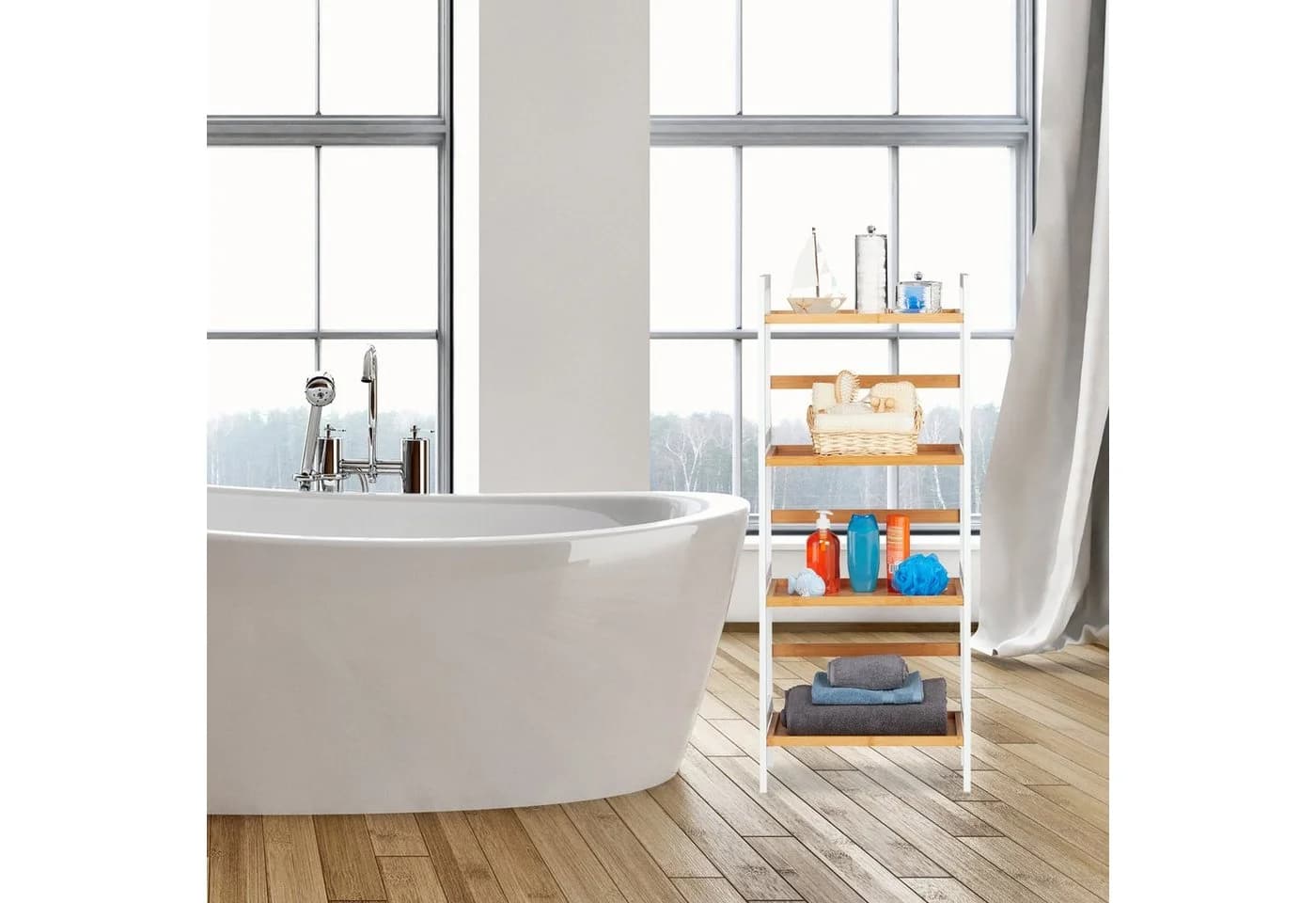 relaxdays Badregal Bambus 4 Ebenen Weiß/Natur