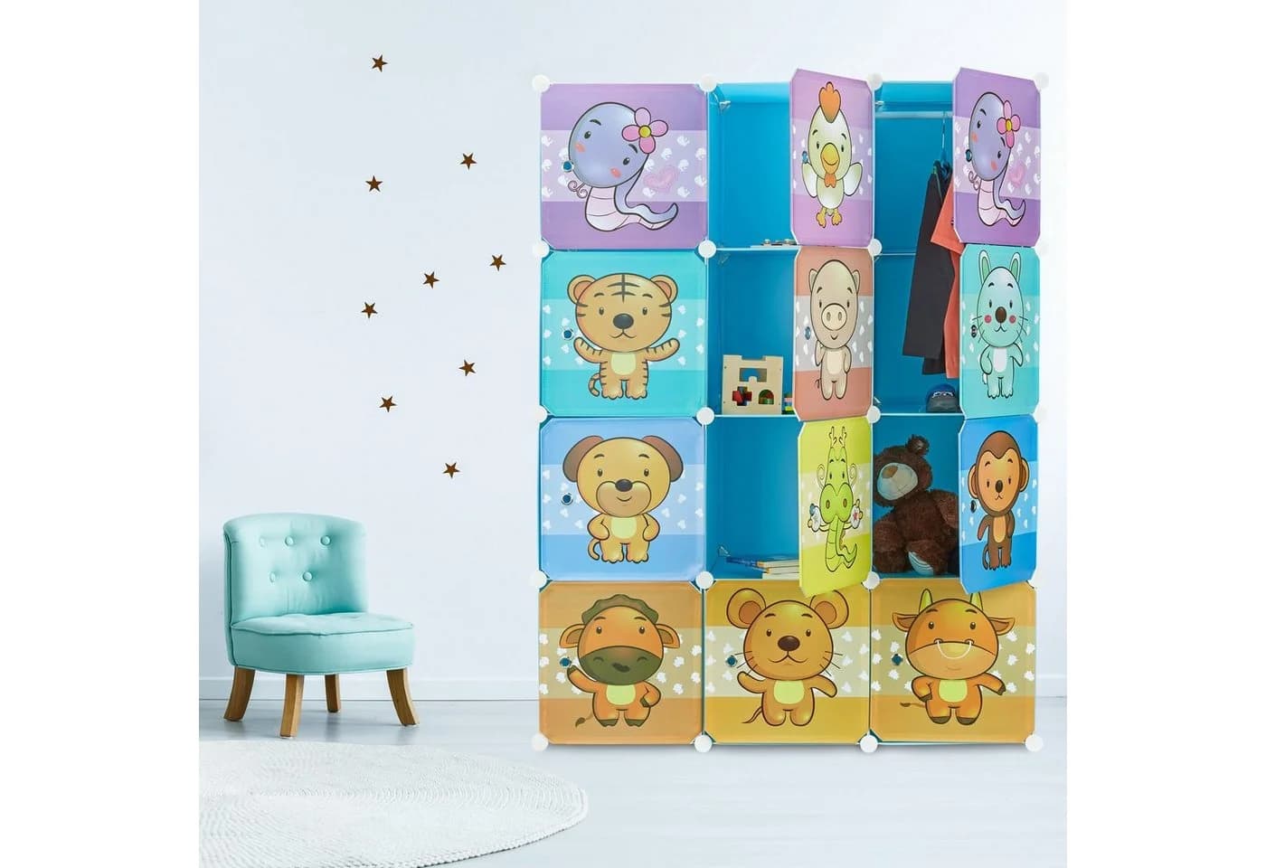 relaxdays Kinderkleiderschrank Steckregal mit Tiermotiven Blau