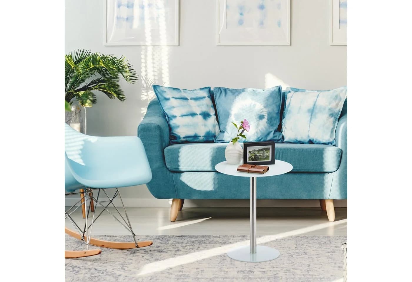 relaxdays Beistelltisch Glas Edelstahl Weiß Modern