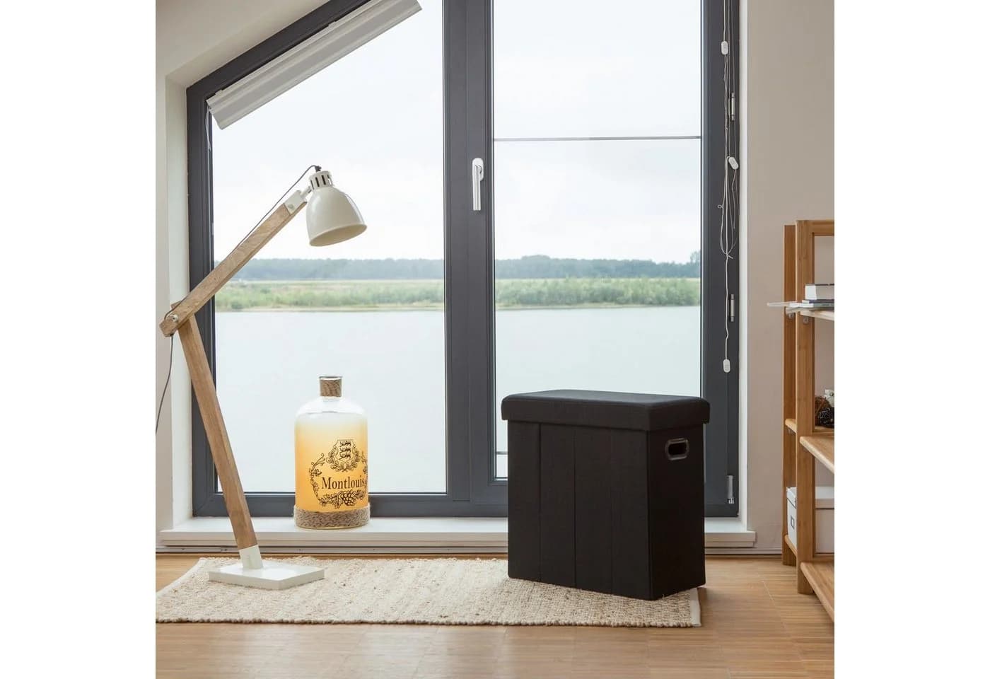 relaxdays Faltbarer Sitzhocker Schwarz Leinen-Optik Aufbewahrungsbox
