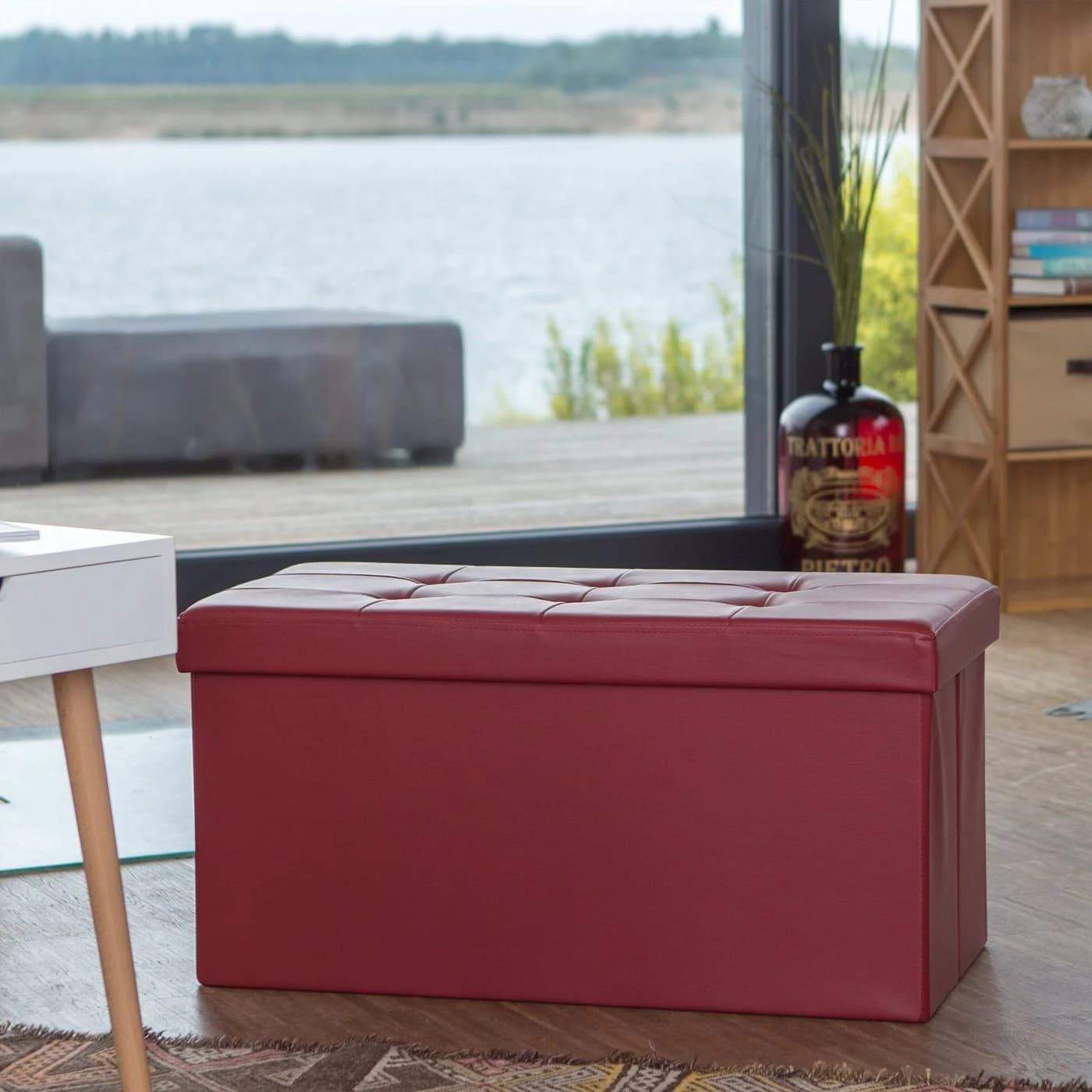 relaxdays Sitzbank mit Stauraum Kunstleder Dunkelrot Faltbar