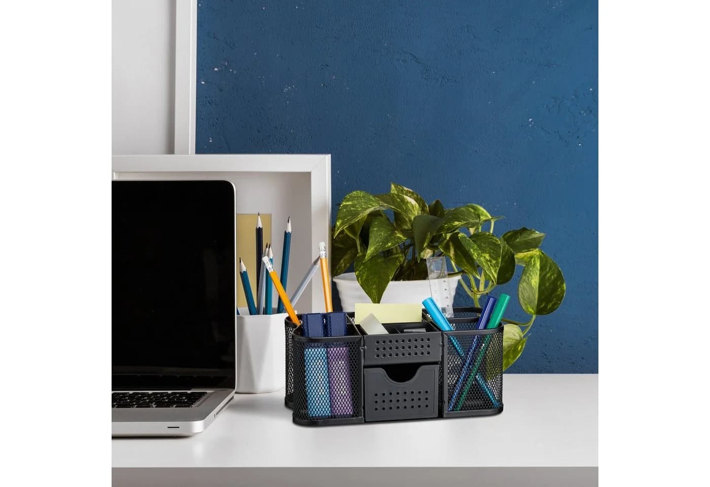relaxdays Schreibtisch Organizer Mesh-Design Schwarz mit Schublade