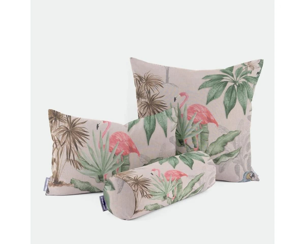 SCHÖNER LEBEN. Dekokissen Kissenhülle Outdoor Palmen Papagei Flamingo beige bunt