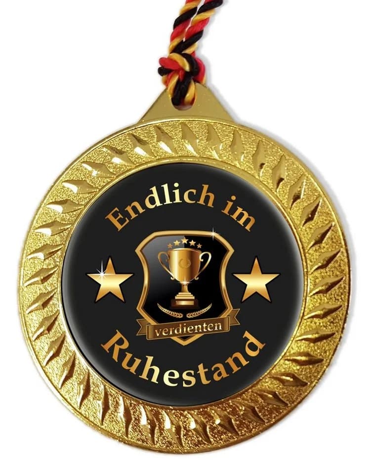 RAHMENLOS® Metallschild Medaille, Orden, Ruhestand Geschenk mit Geschenkbox und Kordel