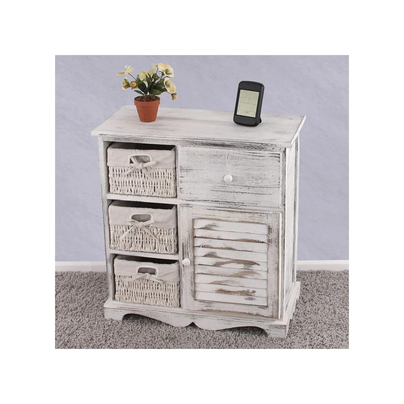MCW Kommode Schrank mit 3 Körben Shabby-Look Vintage Weiß
