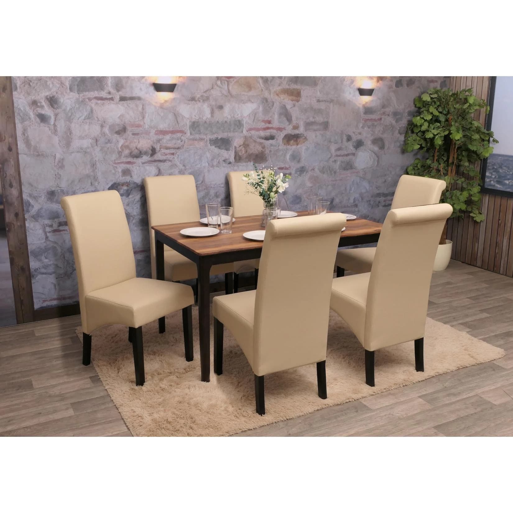 MCW Esszimmerstuhl Cesena 6er-Set Leder Creme Dunkle Füße