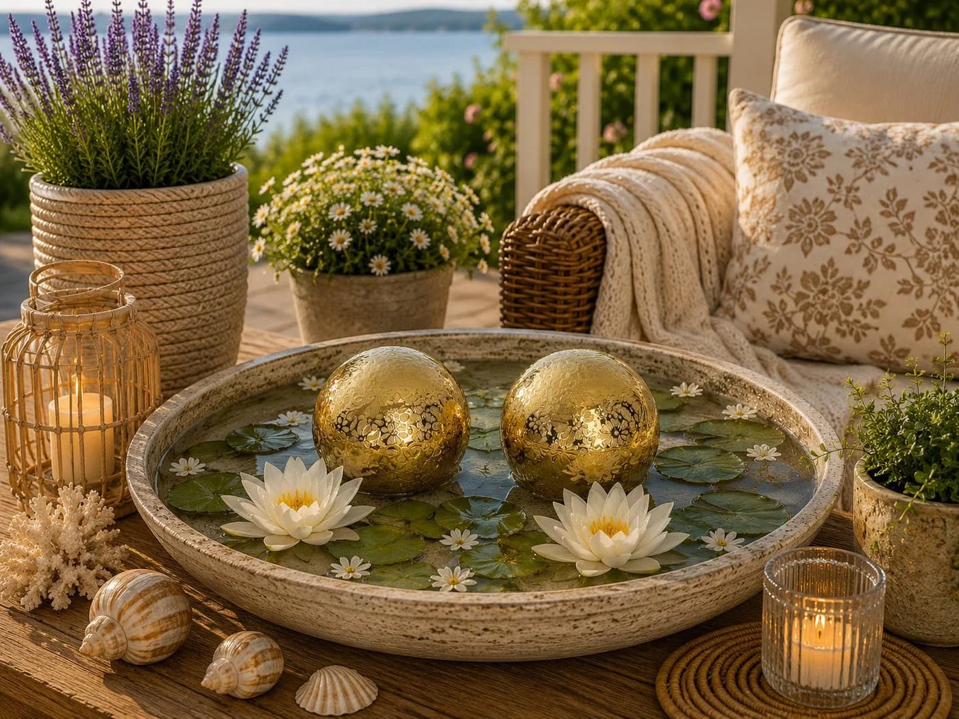 finehomegarden Schwimmkugel Gold Porzellan mit Blütendekor 2er Set