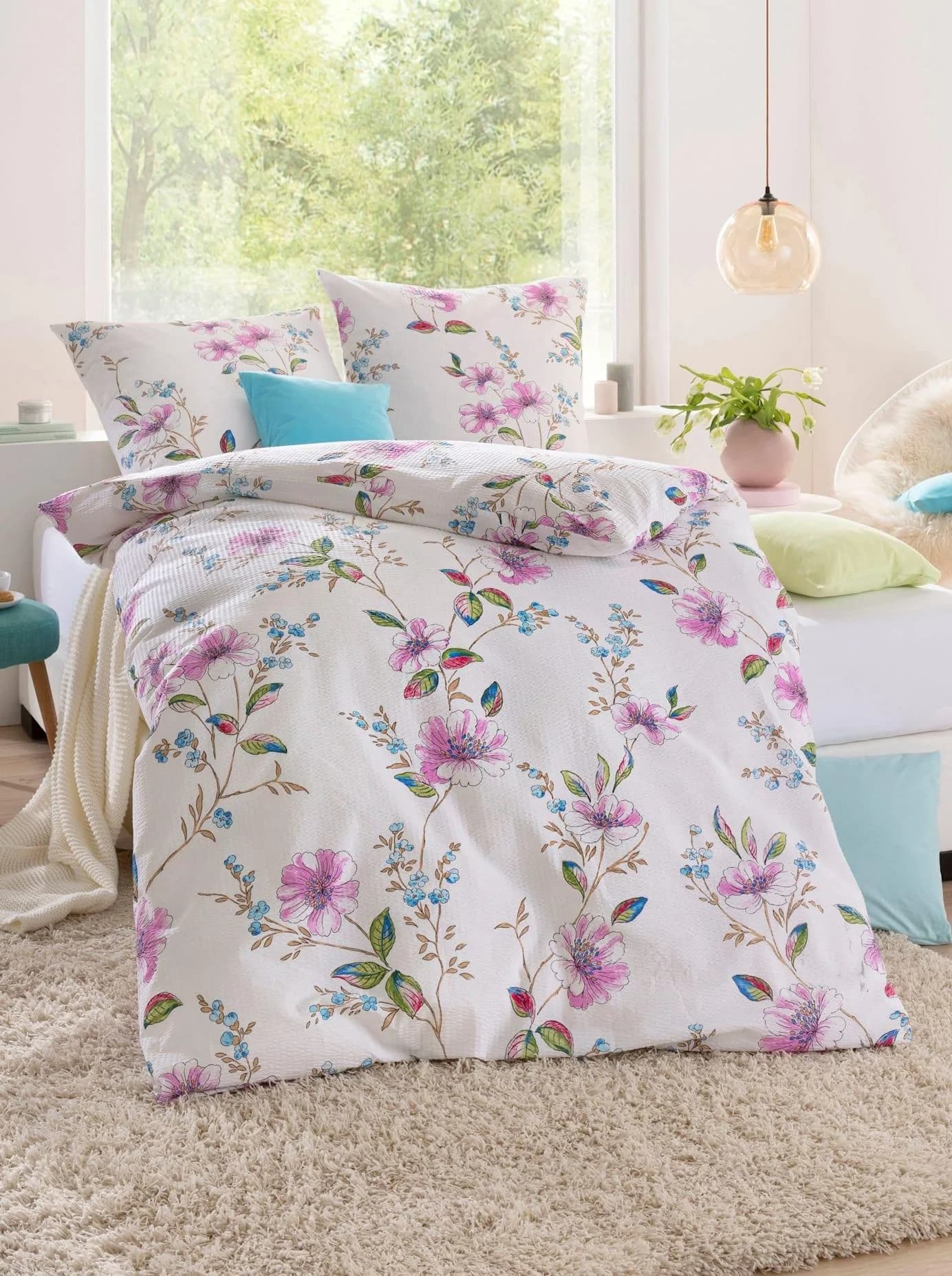 Biberna Bettwäsche Set Weiß Blumen Renforcé 135x200cm
