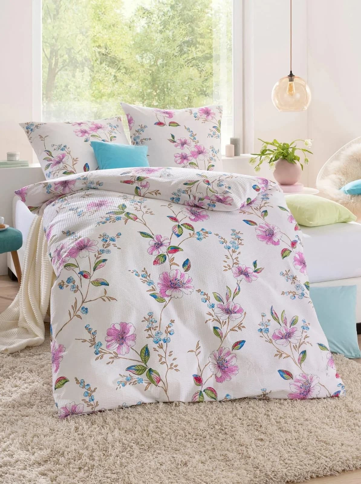 Biberna Bettwäsche Set Weiß Blumenmuster Feinbiber 100% Baumwolle